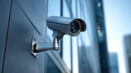 Security camera mounted on a modern building exterior provides surveillance and protection against crime in urban areas