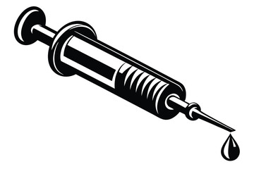 A black syringe with a droplet is featured prominently against a stark white background