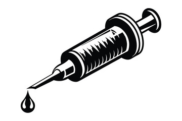 A bold monochrome syringe drips medicine, poised for injection with a sharp focus on health