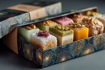 Assorted traditional Middle Eastern sweets in decorative box
