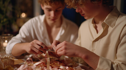 Wrapping scene with scattered paper, scissors, and ribbons, mid process moment capturing creativity, preparation, and anticipation before a celebration. cinematic color correction, natural uneven