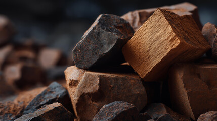 Charcoal fragments shown in detail, porous texture and broken edges conveying natural origin, durability, and grounded aesthetics. cinematic color correction, natural uneven lighting yet gentle