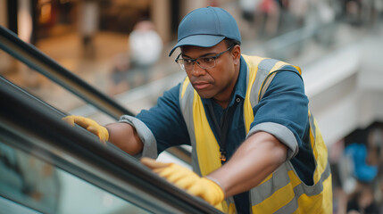 A maintenance worker repairing a malfunctioning escalator in a busy shopping mall, with shoppers passing by, emphasizing the need for quick and efficient repairs in public spaces to ensure smooth