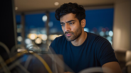 A focused South Asian male coder working late at night in his home office, surrounded by neatly arranged cables, exhibiting concentration and passion for technology, low light with a desk lamp,