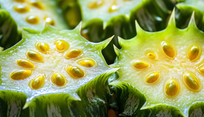 Close-up of sliced fresh kiwano. Green, translucent slices, droplets of water. Natural cosmetics, skincare products, alternative