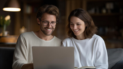 A tech-savvy couple sits on a sofa, working together on a laptop, surrounded by coffee cups and notebooks, as they troubleshoot a software issue, illustrating teamwork in the digital age. cinematic