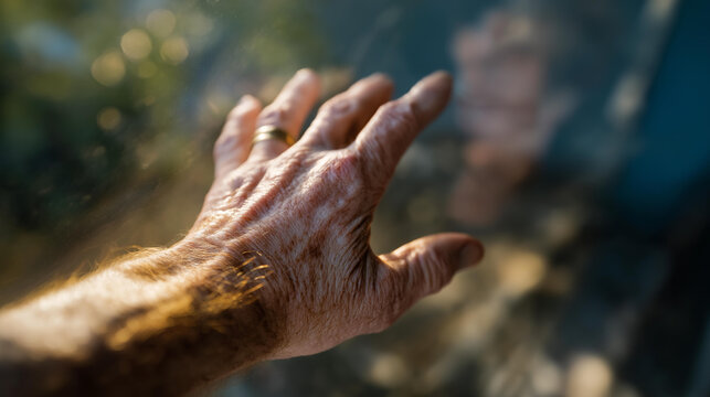 Aged hand reaching across space, textured skin and subtle movement symbolizing longevity, experience, empathy, and the human journey. cinematic color correction, natural uneven lighting yet gentle