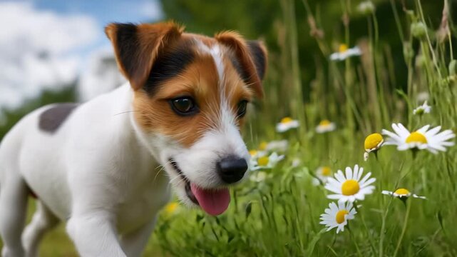 草むらを小走りに進み花に触れるジャックラッセル子犬の午後、人物なし
