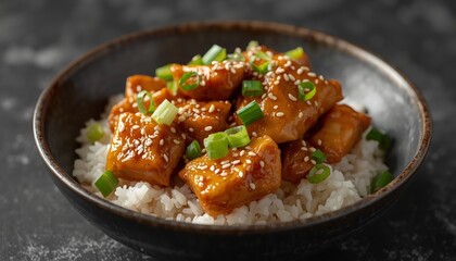 Savory Chicken and Rice Bowl with Sesame Seeds and Scallions
