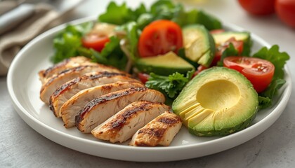 Grilled Chicken and Avocado Salad with Fresh Vegetables on White Plate