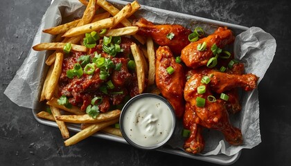 Spicy Chicken Wings and French Fries with Ranch Dressing