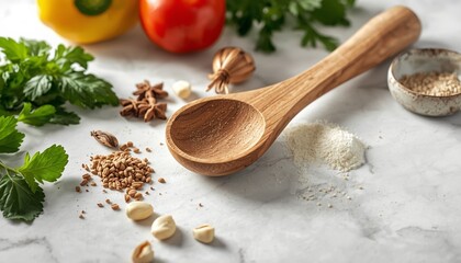 Wooden Spoon with Spices and Herbs on Marble Countertop