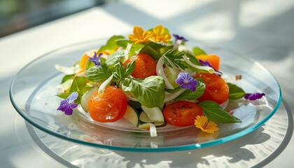 Fresh Salad with Cherry Tomatoes and Edible Flowers on Glass Plate