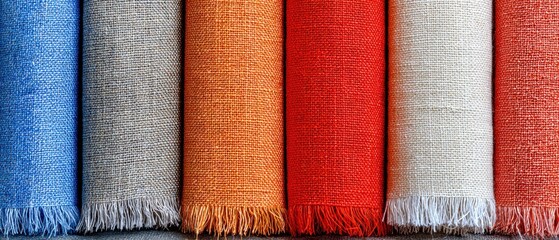 カラフルなロール織物が一列に展示されています