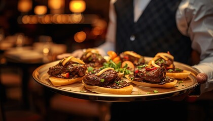 Delicious Beef Sliders on a Tray, Garnished with Herbs and Chili Peppers