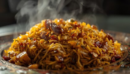 Steaming Plate of Colorful Rice and Vegetable Dish Closeup