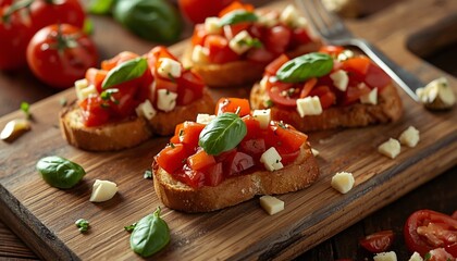 Bruschetta with Fresh Tomatoes, Basil, and Cheese on Wooden Board