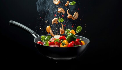 Colorful Vegetables and Cashews in a Black Frying Pan