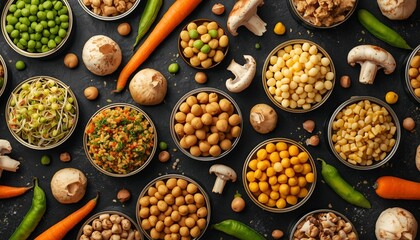 Assorted Bowls of Legumes, Vegetables, and Grains on Dark Background