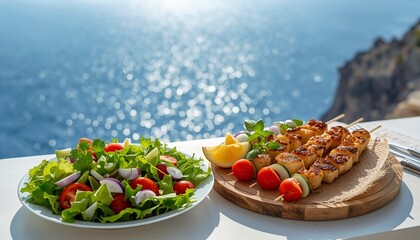 Fresh Salad and Grilled Skewers by the Ocean