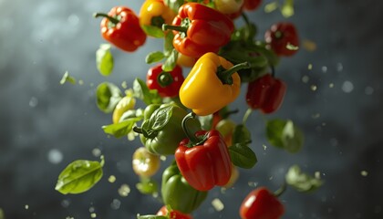 Colorful Bell Peppers and Basil Leaves in Mid-Air Suspension