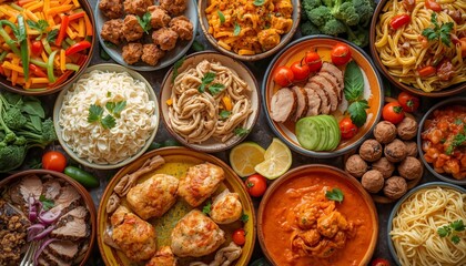 Fototapeta premium Assorted Delicious Dishes with Meat, Vegetables, and Pasta