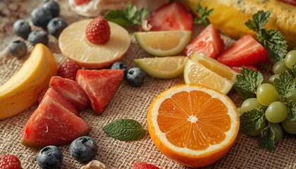 Fresh Fruit Assortment on Rustic Burlap Background