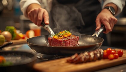 Chef Cooking Steak with Vegetables in Kitchen Pan Closeup