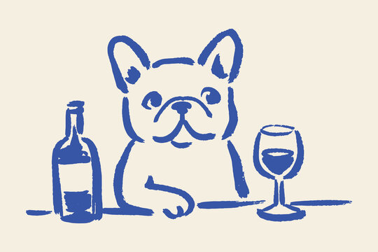 Bulldog with wine bottle doodle line art vector illustration