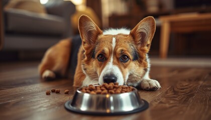 Corgi Dog Eating from Metal Bowl on Wooden Floor Indoors
