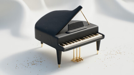 Miniature black grand piano with gold pedals on white background. AI generative