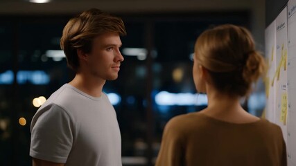 Startup founders standing in front of a whiteboard mapping out a business model canvas, symbolizing entrepreneurship, innovation, and early-stage strategy development. cinematic color correction,