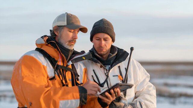 Scientists drilling core samples from a frozen lake to study winter sediment layers, capturing the quiet precision of cold-weather environmental research. cinematic color correction, natural uneven