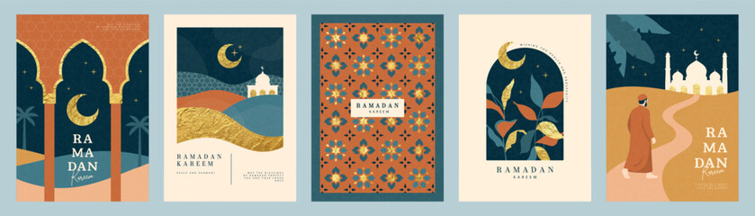 Set of Ramadan Kareem greeting card designs in modern artistic style, featuring golden crescent moon silhouette, mosque architecture, and man walking in desert going to pray, vector illustration.
