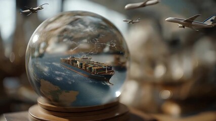 A globe double-exposed with cargo ships, airplanes, and logistics routes, illustrating global trade, supply chains, and international commerce. cinematic color correction, natural uneven lighting - Powered by Adobe