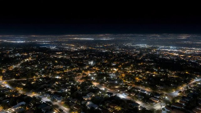 A nighttime aerial view of neighborhoods with patchy power restoration, blocks of light and darkness revealing grid recovery in progress. cinematic color correction, natural uneven lighting yet