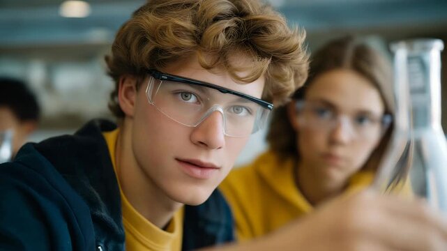A science classroom experiment with students observing chemical reactions, emphasizing hands-on education and curiosity-driven learning. cinematic color correction, natural uneven lighting yet