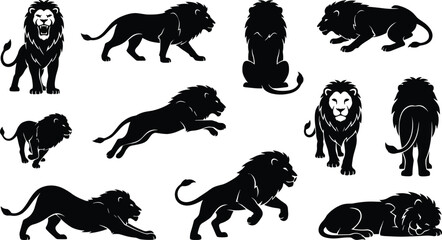 Black lion silhouettes, wild feline poses, jungle king shapes, lion movement study, animal shadow art, wildlife vector illustration, design elements © Ezazul Haque