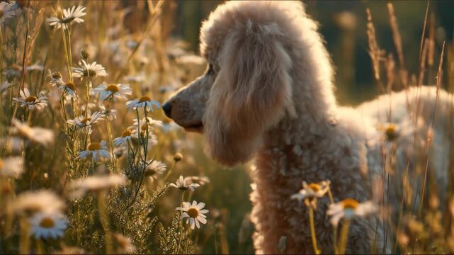 黄金の草原で花のそばに佇むスタンダードプードル子犬の夕刻、人物なし