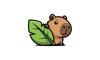 Cartoon Capybara Holding Green Leaf Illustration.