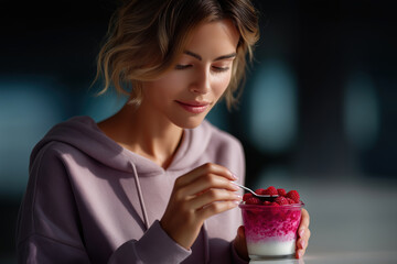 Woman enjoys dessert in a cafe during the day with fresh raspberries