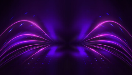 Background of empty room with spotlights and lights, abstract purple background with neon glow