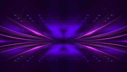 Background of empty room with spotlights and lights, abstract purple background with neon glow