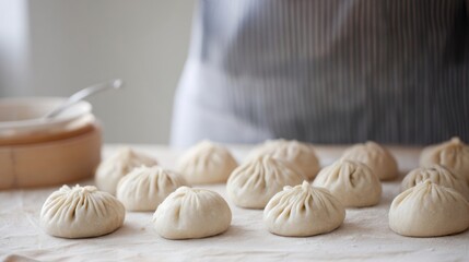 Handmade dumplings arranged on floured surface in home kitchen. Traditional local food preparation with raw dough and authentic culinary atmosphere. Local flavor concept