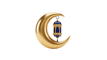Golden crescent moon with hanging lantern isolated Ramadan Islamic luxury 3D illustration