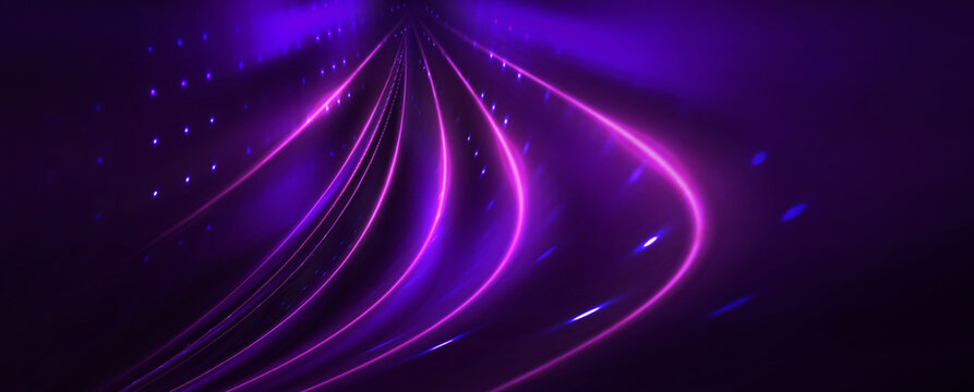Background of empty room with spotlights and lights, abstract purple background with neon glow