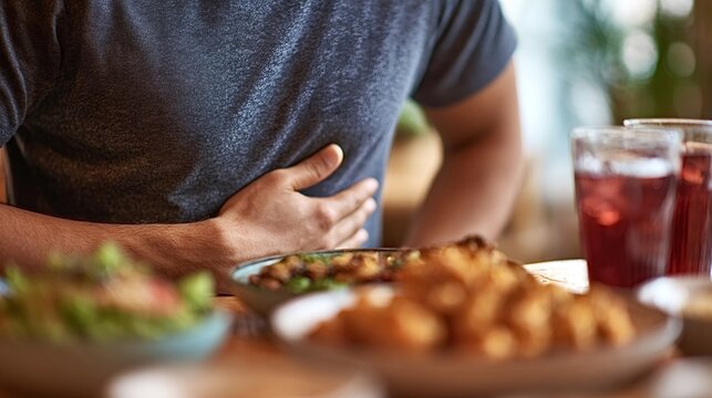 Man feeling stomach ache and heartburn, holding his hand to his abdomen in discomfort after consuming a meal, representing issues like indigestion, acid reflux, or food poisoning related to eating