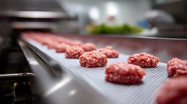 Raw ground beef portions are moving along a modern conveyor belt within a food processing plant, representing automated industry and manufacturing of meat products