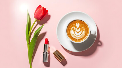 A beautiful red tulip with a makeup brush and a latte with heart art on a pink background