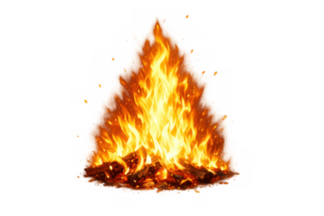 Campfire burning on a transparent background, showing intense orange and yellow flames with flying sparks, providing heat and light